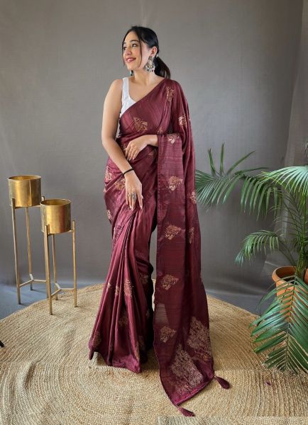 Maroon Jari Silk Embroidered Saree For Traditional / Religious Occasions