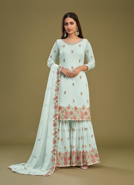 Light Blue Georgette Thread-Work Gharara-Bottom Salwar Kameez For Traditional / Religious Occasions
