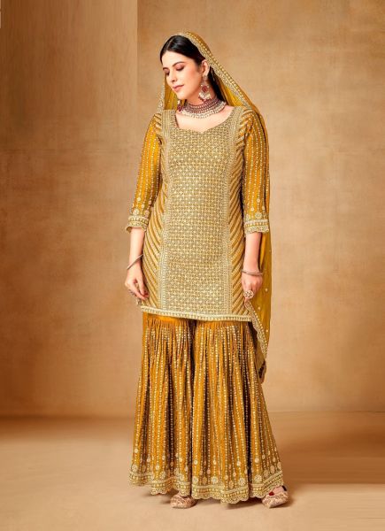 Orange Premium Chinon Embroidered Gharara-Bottom Readymade Salwar Kameez For Traditional / Religious Occasions