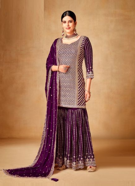 Purple Premium Chinon Embroidered Gharara-Bottom Readymade Salwar Kameez For Traditional / Religious Occasions