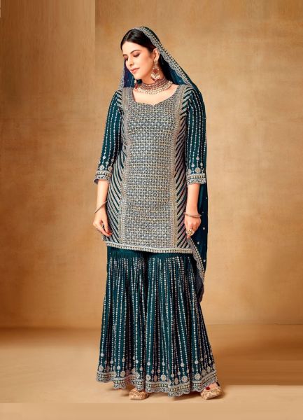 Teal Blue Premium Chinon Embroidered Gharara-Bottom Readymade Salwar Kameez For Traditional / Religious Occasions