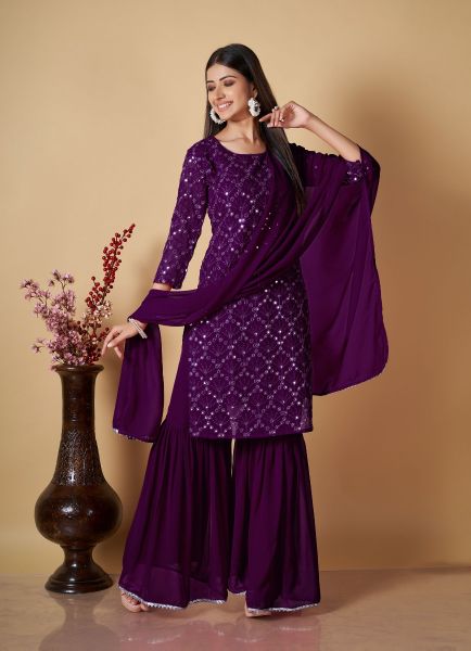 Dark Purple Georgette Sequins-Work Gharara-Bottom Readymade Salwar Kameez