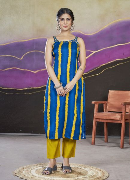 Blue Chanderi Silk Digitally Printed Party-Wear Sleeveless Kurti With Pant