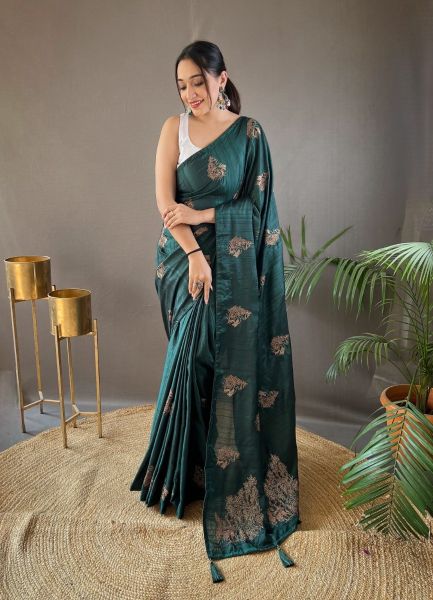 Teal Blue Jari Silk Embroidered Saree For Traditional / Religious Occasions