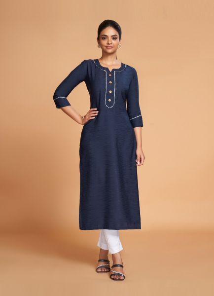 Blue Silk Weaving Festive-Wear Readymade Straight-Line Kurti