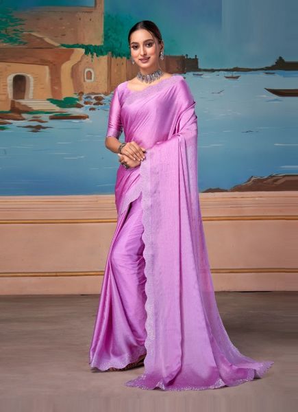 Light Purple Satin Chiffon Swarovski Work Festive-Wear Vibrant Saree