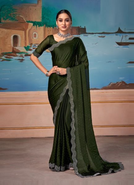 Dark Green Satin Chiffon Swarovski Work Festive-Wear Vibrant Saree