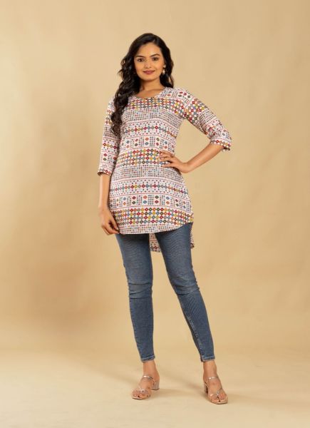 White Crape Printed Office-Wear Readymade Short Top