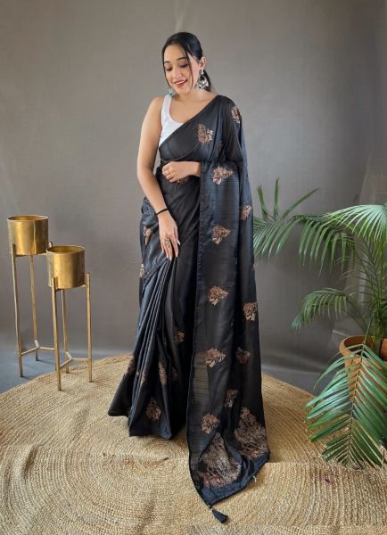 Black Jari Silk Embroidered Saree For Traditional / Religious Occasions
