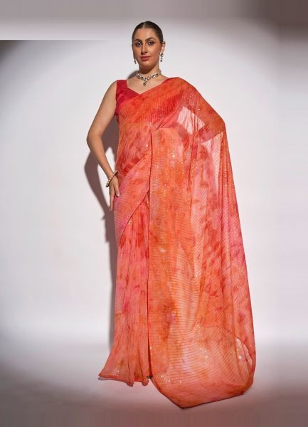 Salmon Georgette Digitally Printed Sequins-Work Saree For Kitty Parties