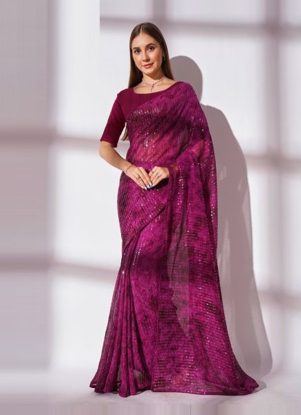 Purple Georgette Digitally Printed Sequins-Work Saree For Kitty Parties