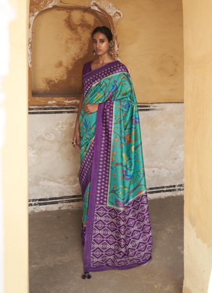 Teal Blue & Violet Silk Saree With Ikkat Print & Tassels For Parties