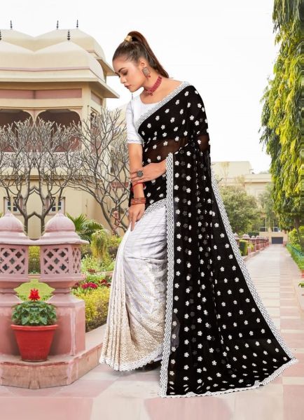 Black & White Georgette Thread-Work Half-Half Saree For Traditional / Religious Occasions