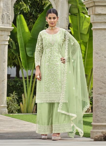 Light Green Net Thread-Work Ramadan Special Pant-Bottom Salwar Kameez