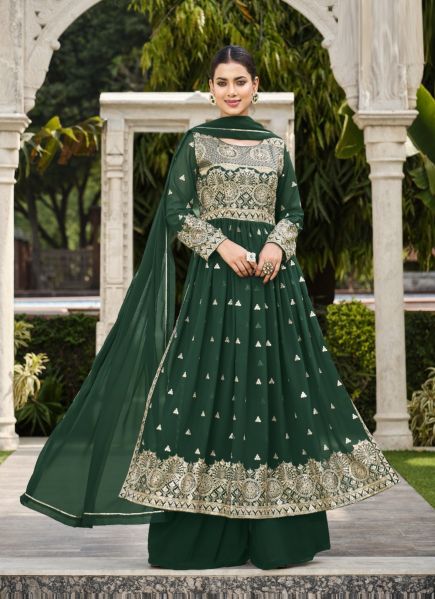 Dark Green Georgette Embroidered Party-Wear Nyra-Cut Salwar Kameez