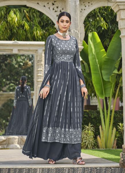 Gray Georgette Embroidered Party-Wear Nyra-Cut Salwar Kameez