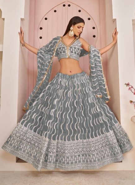 Gray Net With Cotton Thread Embroidery Party-Wear Lehenga Choli