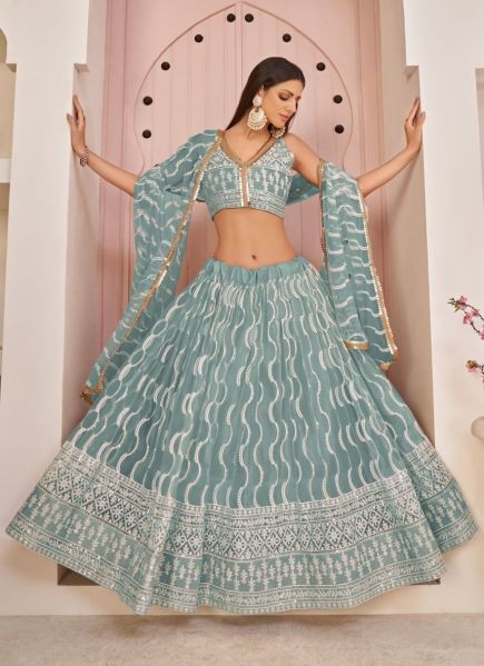Light Teal Blue Net With Cotton Thread Embroidery Party-Wear Lehenga Choli