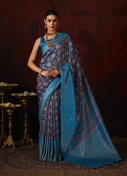 Navy Blue Printed Patola Silk Saree For Traditional / Religious Occasions