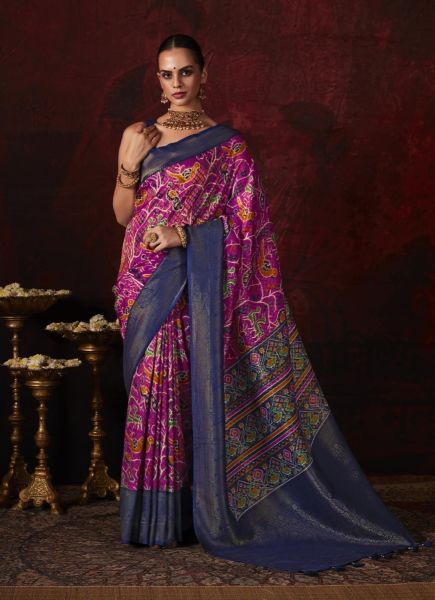 Magenta Printed Patola Silk Saree For Traditional / Religious Occasions