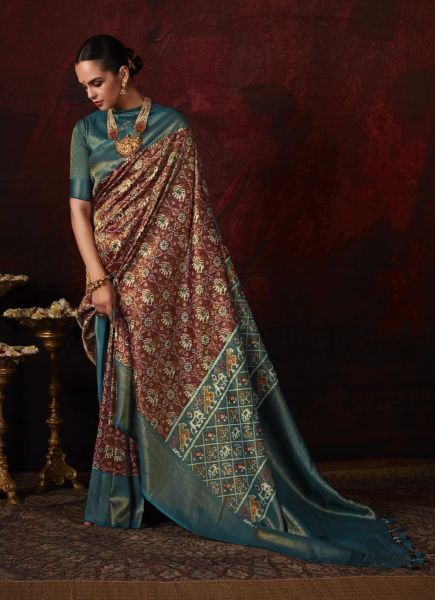 Wine Printed Patola Silk Saree For Traditional / Religious Occasions