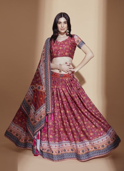 Wine Red Chinon Crochet With Digitally Printed Lehenga Choli For Traditional / Religious Occasions