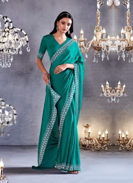 Teal Blue Pure Satin Viscose Stone-Work Party-Wear Boutique-Style Saree