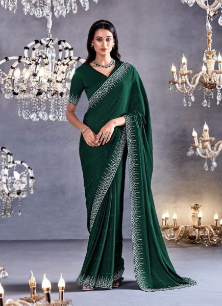 Green Pure Satin Viscose Stone-Work Party-Wear Boutique-Style Saree