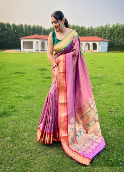 Lilac Paithani Woven Silk Saree For Traditional / Religious Occasions