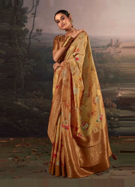 Light Orange Woven Linen-Cotton Saree For Traditional / Religious Occasions