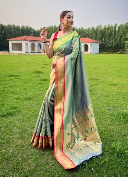 Sage Green Paithani Woven Silk Saree For Traditional / Religious Occasions