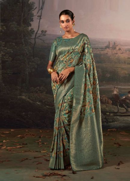 Teal Green Woven Linen-Cotton Saree For Traditional / Religious Occasions