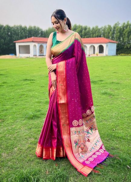 Magenta Paithani Woven Silk Saree For Traditional / Religious Occasions
