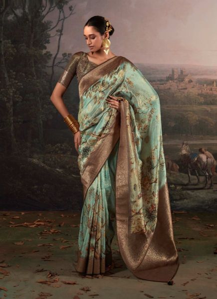 Light Sage Blue Woven Linen-Cotton Saree For Traditional / Religious Occasions