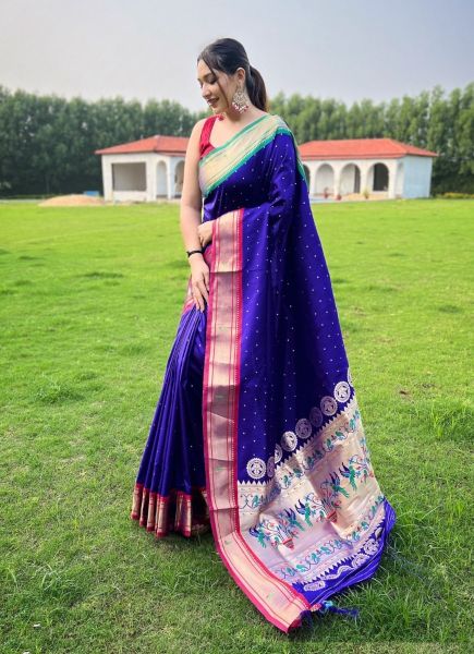 Violet Blue Paithani Woven Silk Saree For Traditional / Religious Occasions