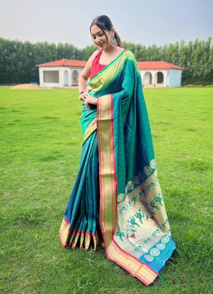 Teal Blue Paithani Woven Silk Saree For Traditional / Religious Occasions