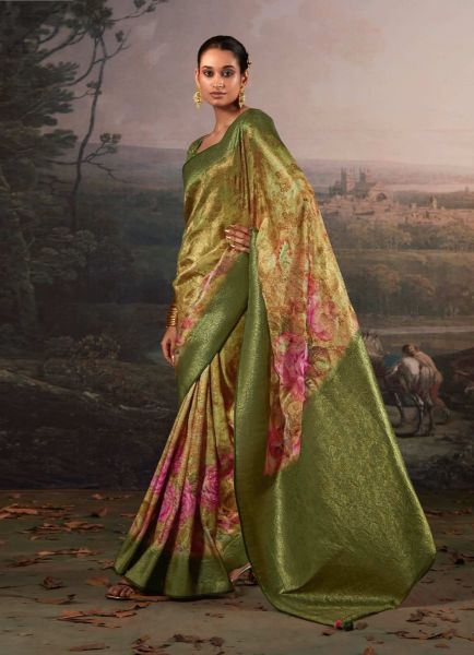 Yellow & Parrot Green Woven Linen-Cotton Saree For Traditional / Religious Occasions