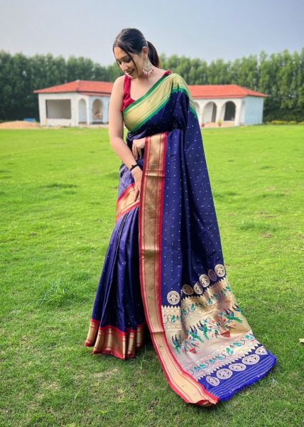 Dark Blue Paithani Woven Silk Saree For Traditional / Religious Occasions