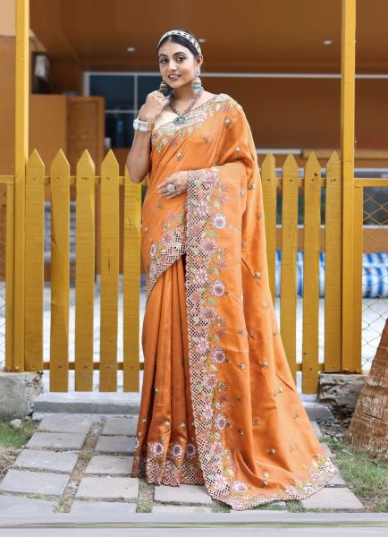 Orange Silk Embroidered Festive-Wear Saree