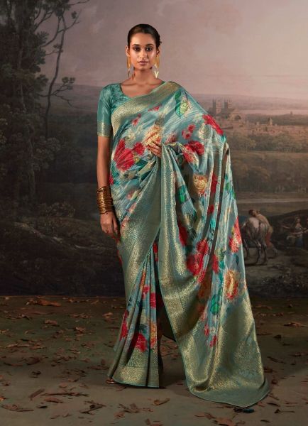 Light Blue Woven Linen-Cotton Saree For Traditional / Religious Occasions