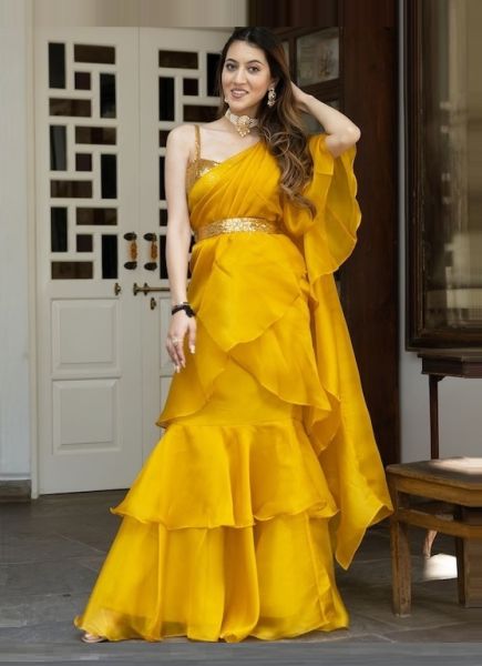 Yellow Organza Party-Wear Ready-To-Wear Saree with Sequins-Work Blouse
