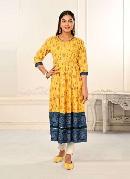 Yellow Cotton Hand Printed Resort-Wear Readymade Anarkali Kurti