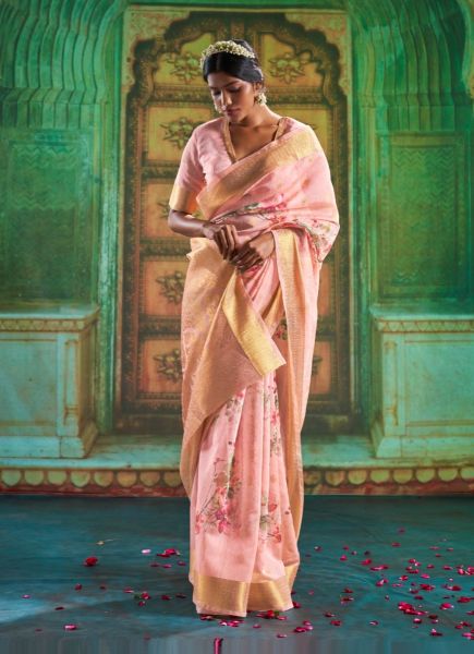Pink Woven Silk Floral Digital Print Party-Wear Saree