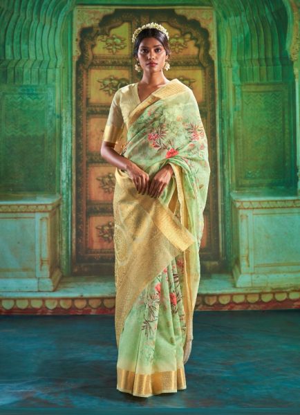 Light Green Woven Silk Floral Digital Print Party-Wear Saree