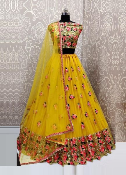 Yellow Net Thread Embroidery & Sequins-Work Party-Wear Stylish Lehenga Choli