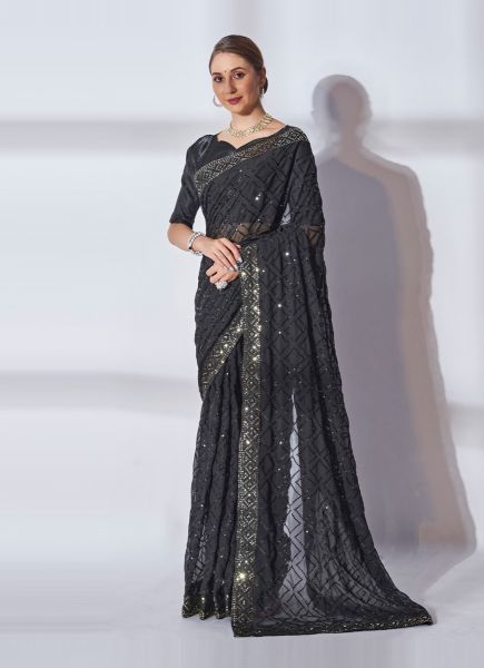 Black Georgette Sequins-Work Saree For Kitty Parties