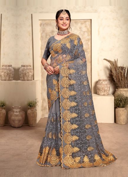 Gray Net Stone-Work Boutique-Style Saree For Traditional / Religious Occasions