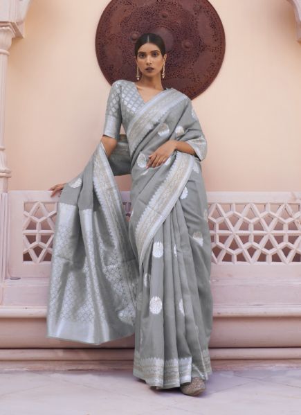 Gray Linen Handloom Weaving Festive-Wear Saree