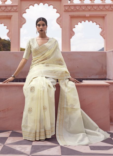 Creamy Yellow Linen Handloom Weaving Festive-Wear Saree
