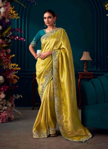 Lime Yellow Kanjivaram Silk Wedding-Wear Saree With Handwork